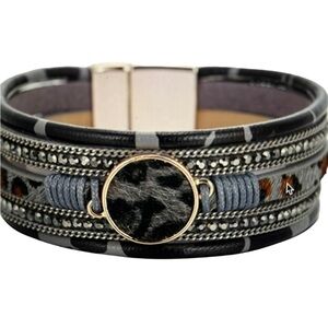 Boho Hand Woven Leopard Gray, Black Magnetic Bracelet.